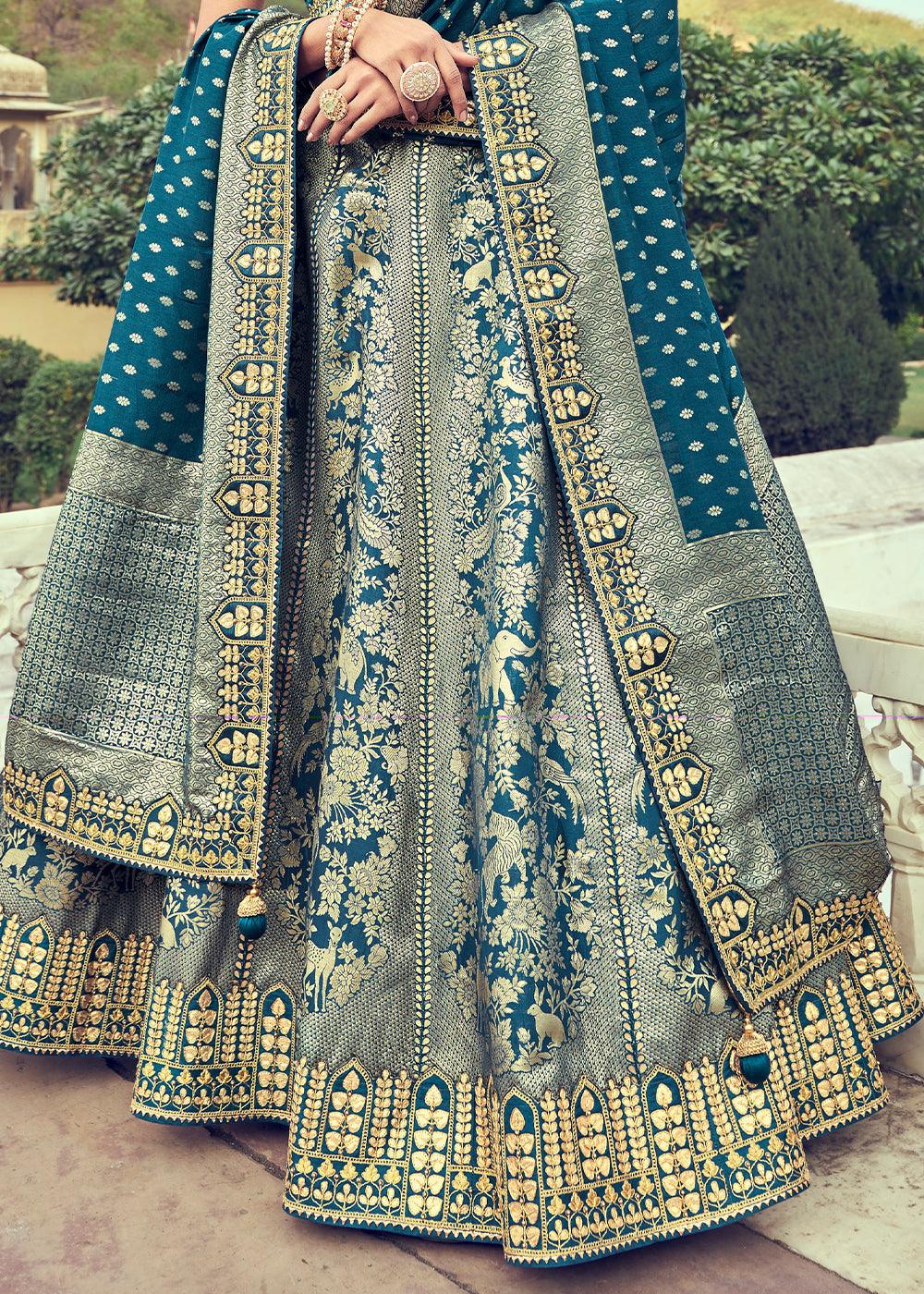 Grey & Blue Banarasi Silk Lehenga Choli with Khatli and Heavy Embroidered work - qivii