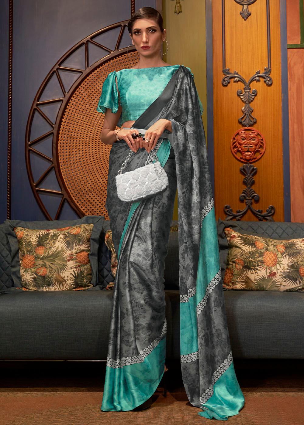 Grey & Blue Designer Satin Crepe Printed Saree | Stitched Blouse - qivii