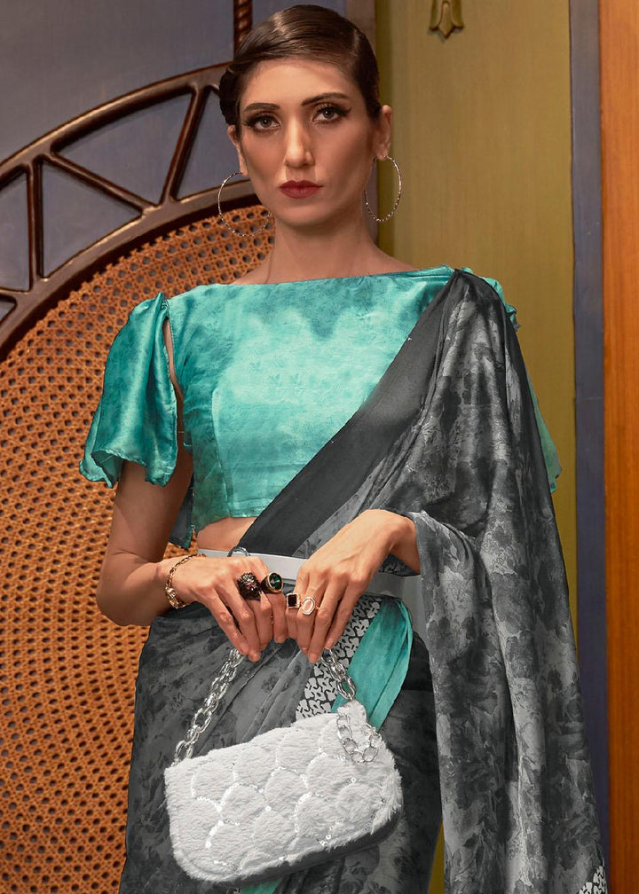 Grey & Blue Designer Satin Crepe Printed Saree | Stitched Blouse - qivii