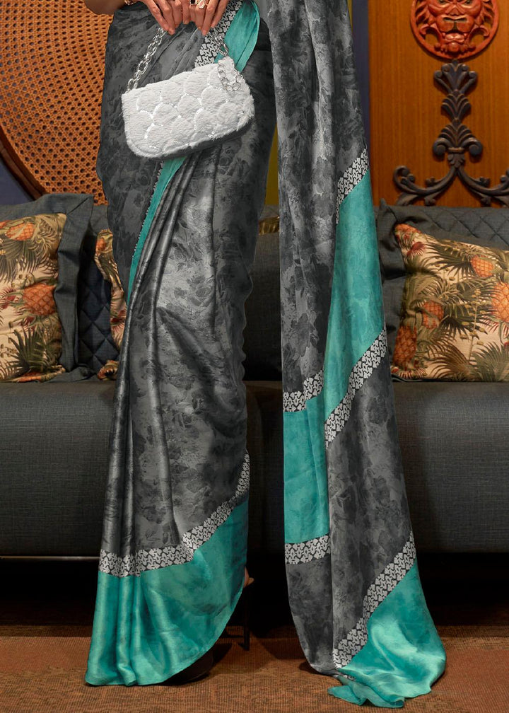 Grey & Blue Designer Satin Crepe Printed Saree | Stitched Blouse - qivii