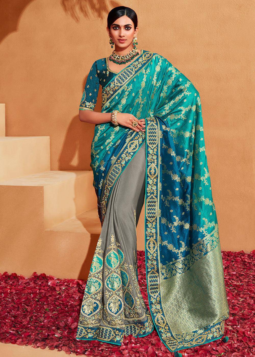 Grey & Blue Half N Half Heavy Embroidered Banarasi Silk Saree | Stitched Blouse - qivii