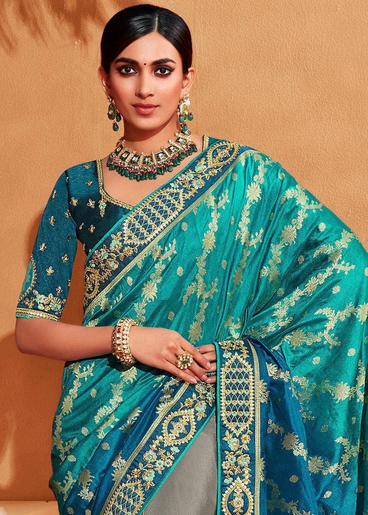 Grey & Blue Half N Half Heavy Embroidered Banarasi Silk Saree | Stitched Blouse - qivii