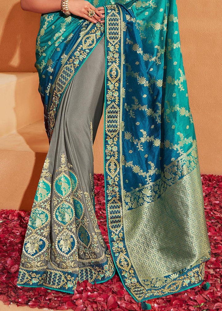 Grey & Blue Half N Half Heavy Embroidered Banarasi Silk Saree | Stitched Blouse - qivii