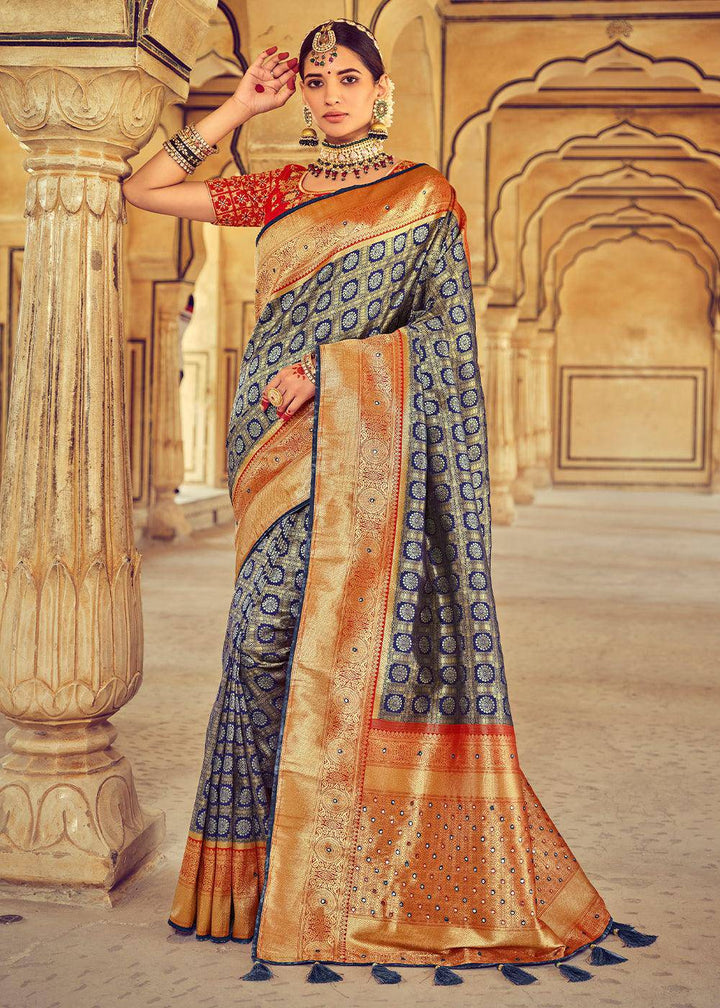 Grey & Blue Kanjivaram Silk Saree with Mirror, Khatli & Cut-Dana work | Stitched Blouse - qivii