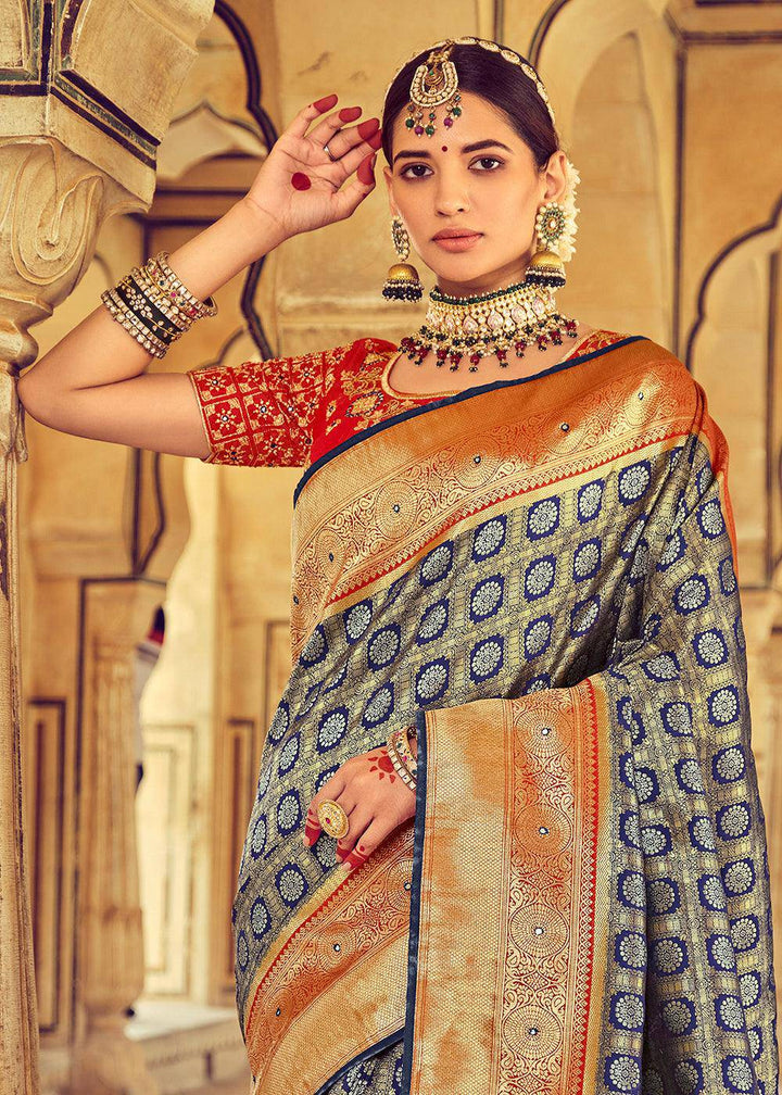 Grey & Blue Kanjivaram Silk Saree with Mirror, Khatli & Cut-Dana work | Stitched Blouse - qivii