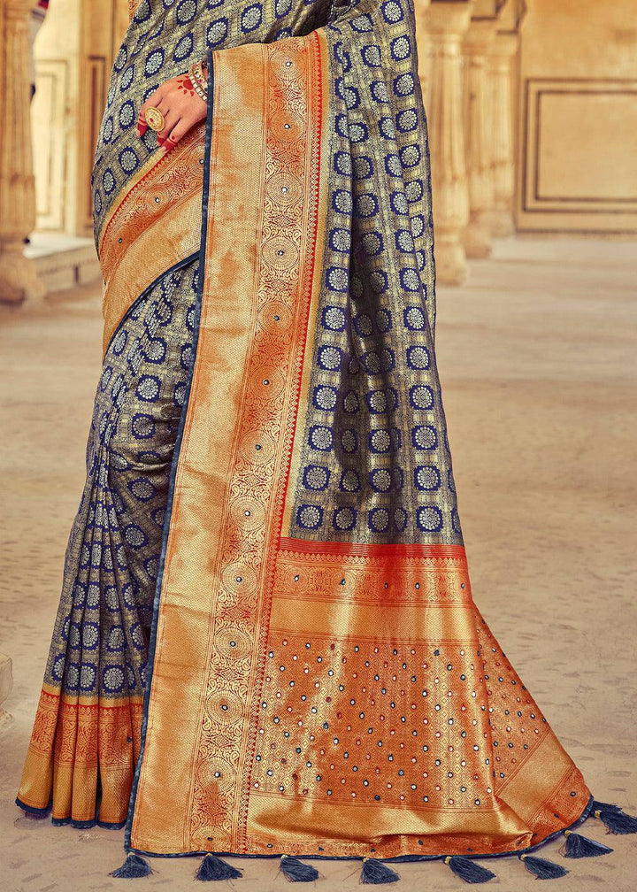 Grey & Blue Kanjivaram Silk Saree with Mirror, Khatli & Cut-Dana work | Stitched Blouse - qivii