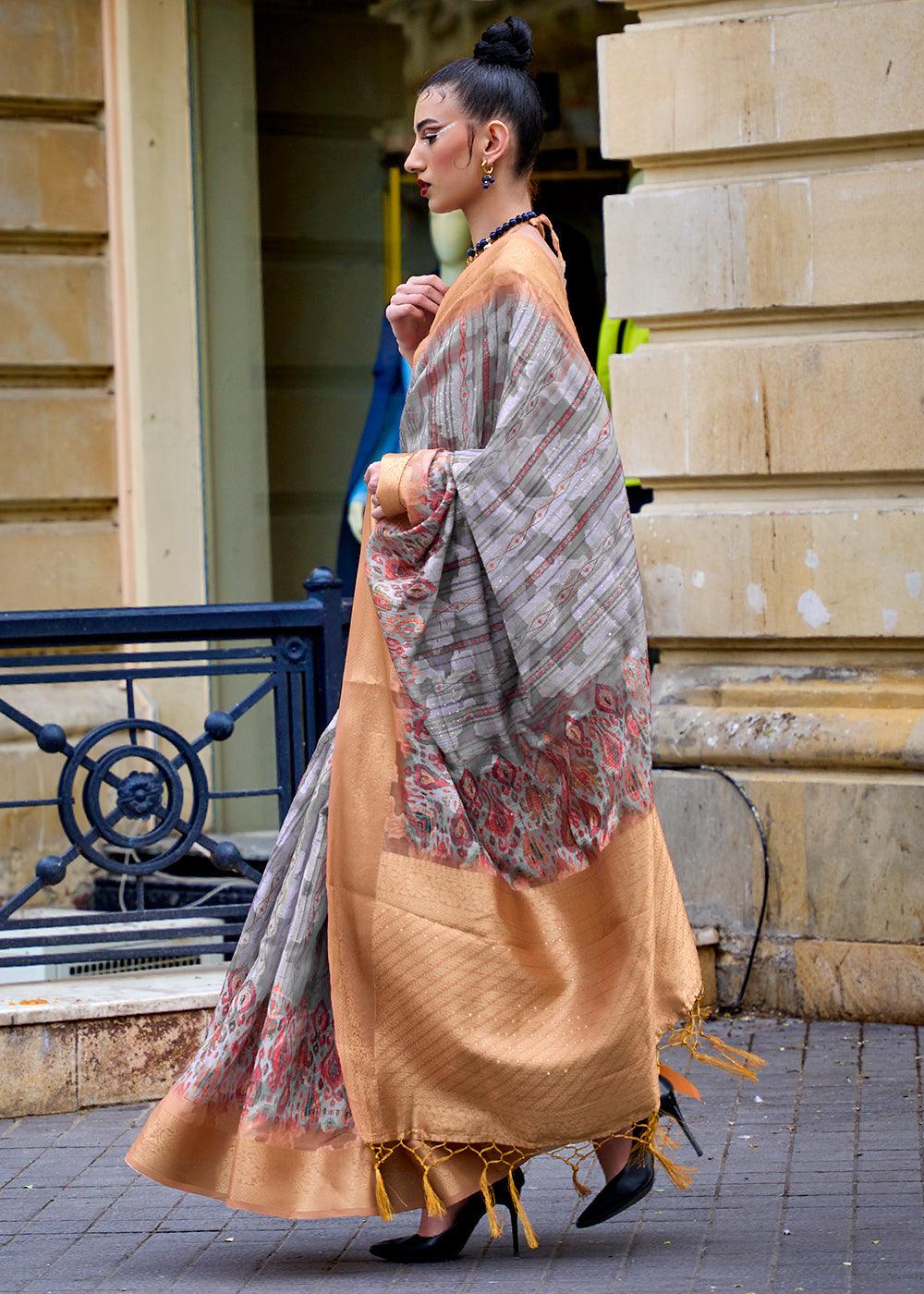 Grey & Orange Printed Soft Silk Saree - qivii