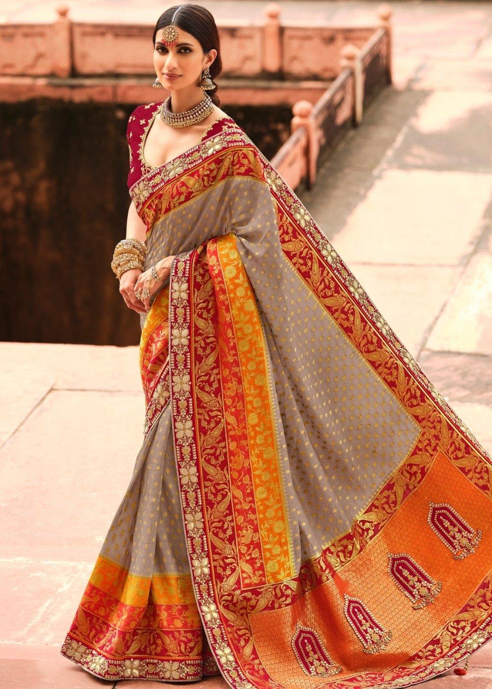 Grey & Orange Woven Dola Silk Saree Having Khatli work on Border & Blouse | Stitched Blouse - qivii