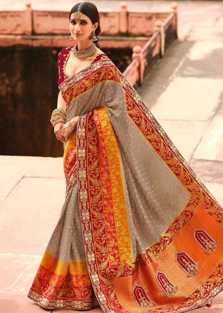 Grey & Orange Woven Dola Silk Saree Having Khatli work on Border & Blouse | Stitched Blouse - qivii