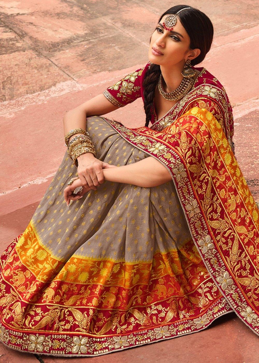 Grey & Orange Woven Dola Silk Saree Having Khatli work on Border & Blouse | Stitched Blouse - qivii