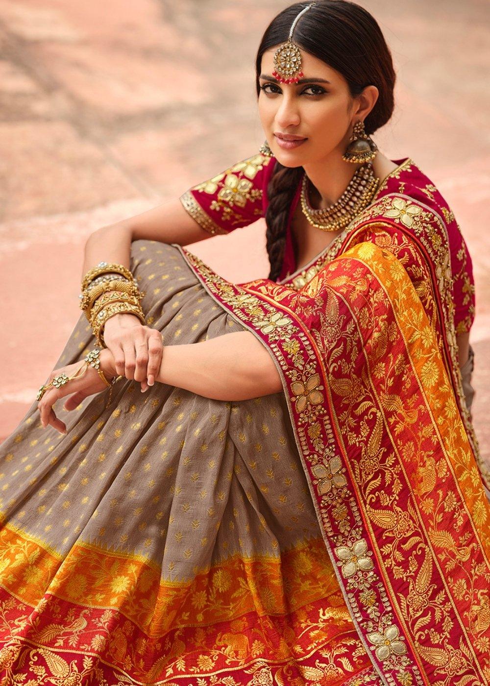 Grey & Orange Woven Dola Silk Saree Having Khatli work on Border & Blouse | Stitched Blouse - qivii