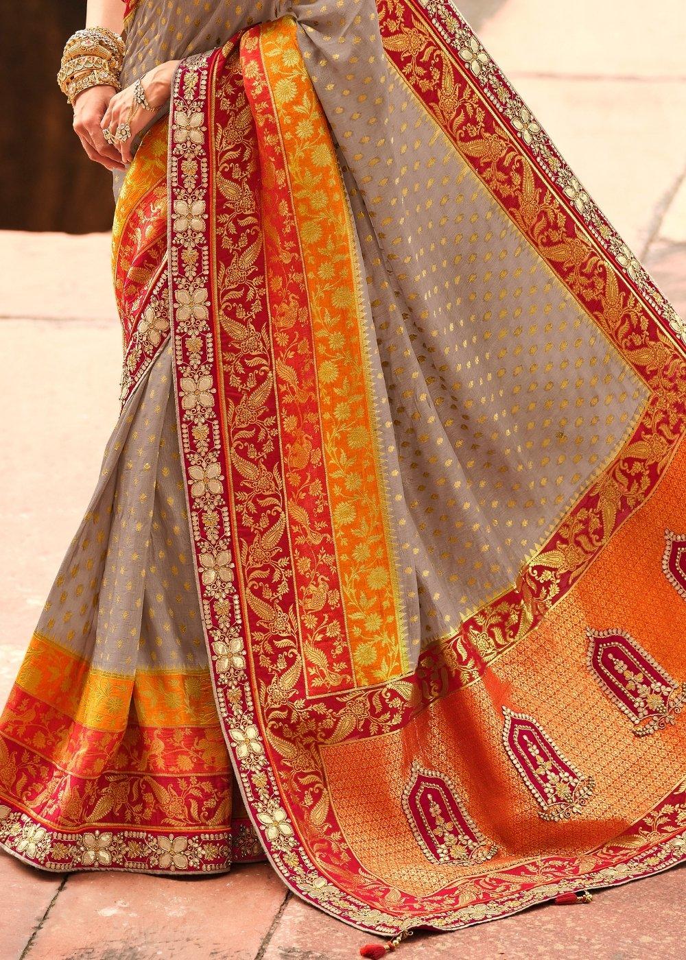 Grey & Orange Woven Dola Silk Saree Having Khatli work on Border & Blouse | Stitched Blouse - qivii