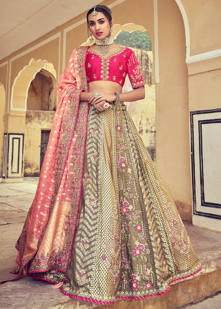 Grey & Pink Banarasi Silk Lehenga Choli with Khatli and Heavy Embroidered work - qivii