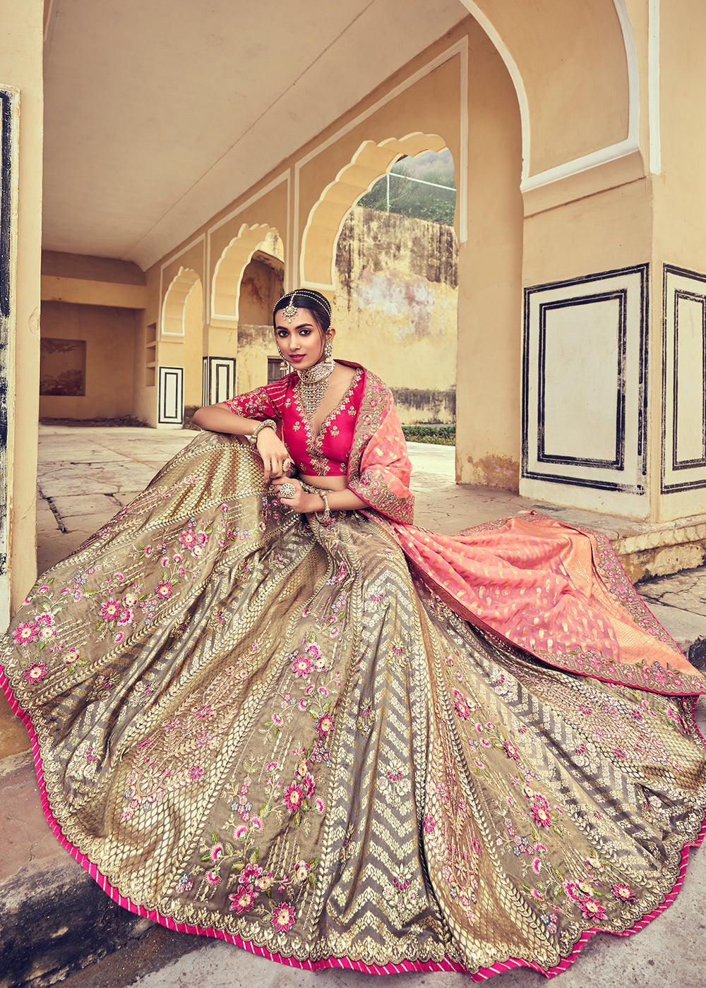 Grey & Pink Banarasi Silk Lehenga Choli with Khatli and Heavy Embroidered work - qivii