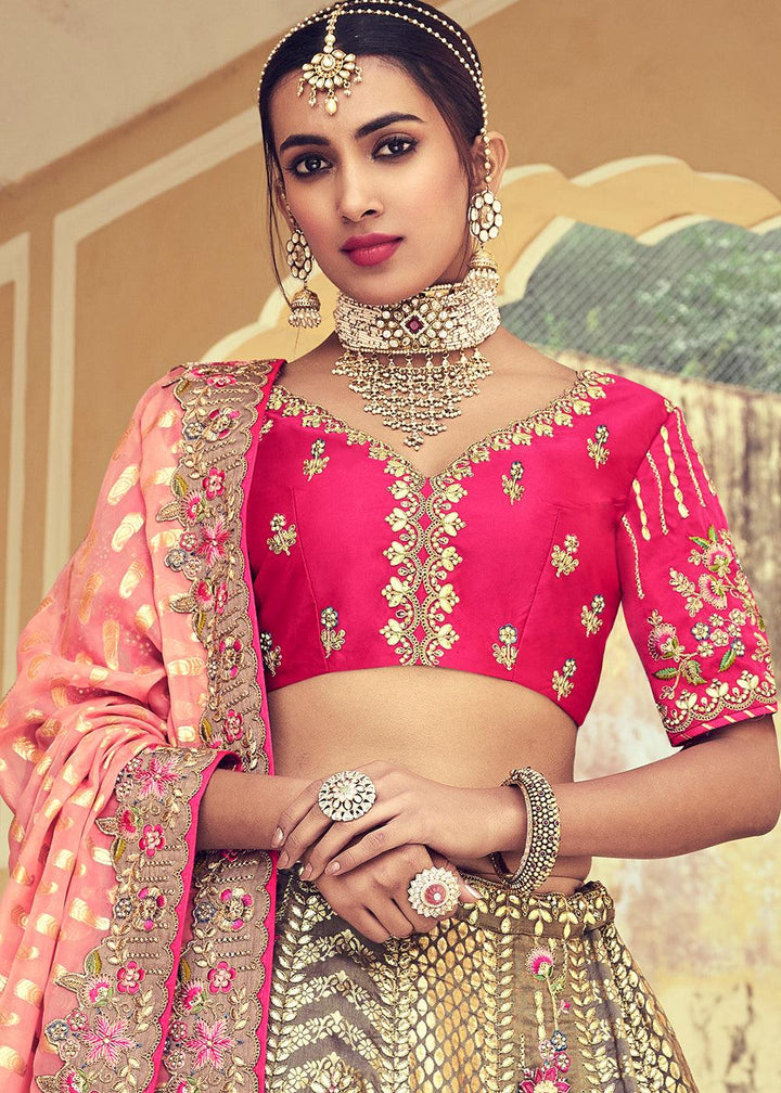 Grey & Pink Banarasi Silk Lehenga Choli with Khatli and Heavy Embroidered work - qivii