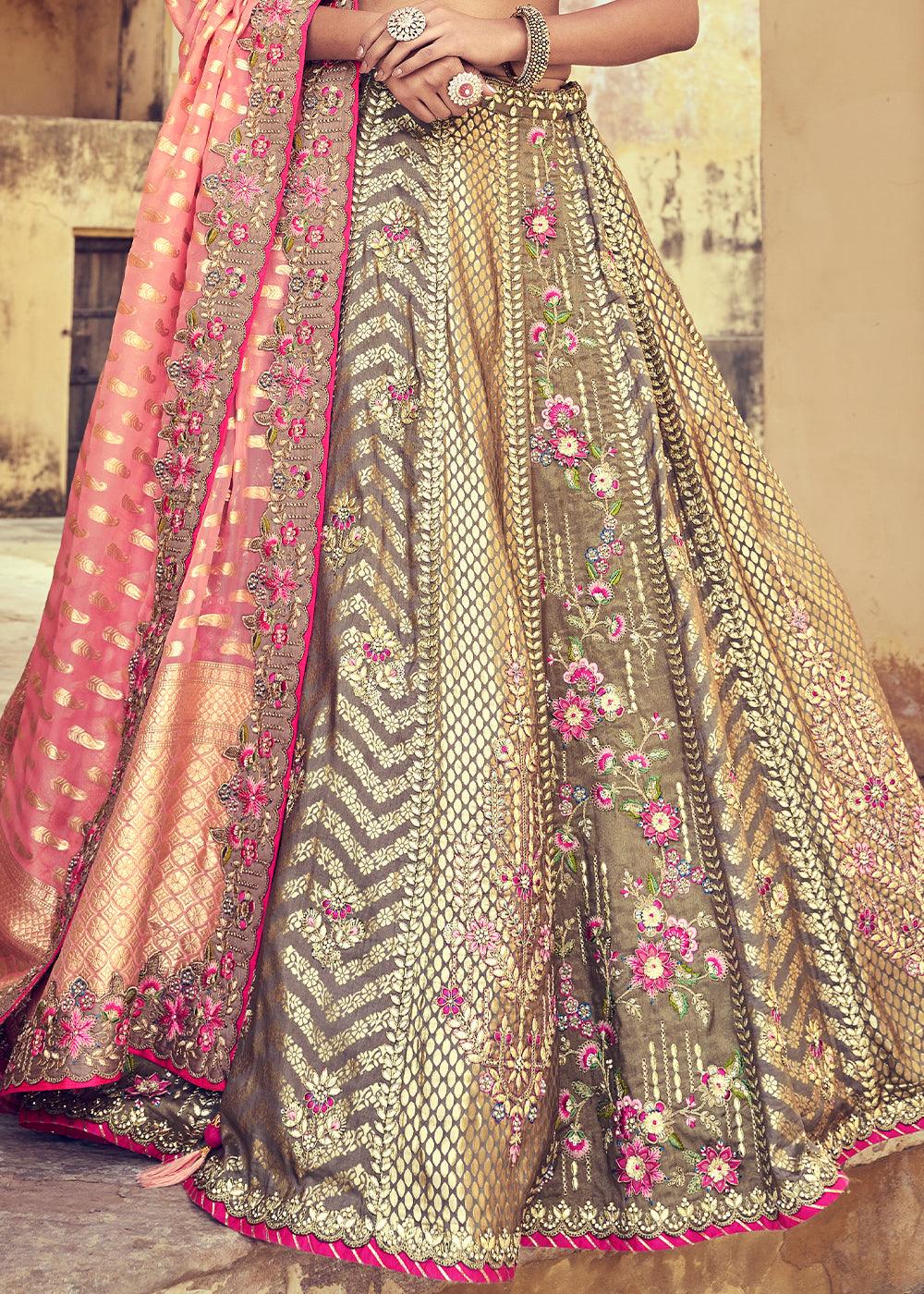 Grey & Pink Banarasi Silk Lehenga Choli with Khatli and Heavy Embroidered work - qivii