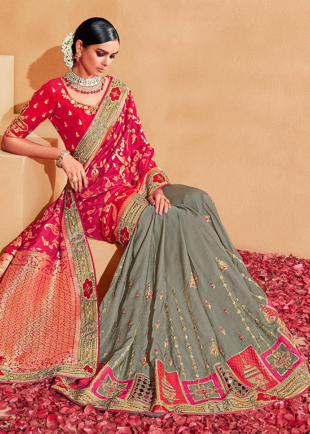 Grey & Pink Half N Half Heavy Embroidered Banarasi Silk Saree | Stitched Blouse - qivii