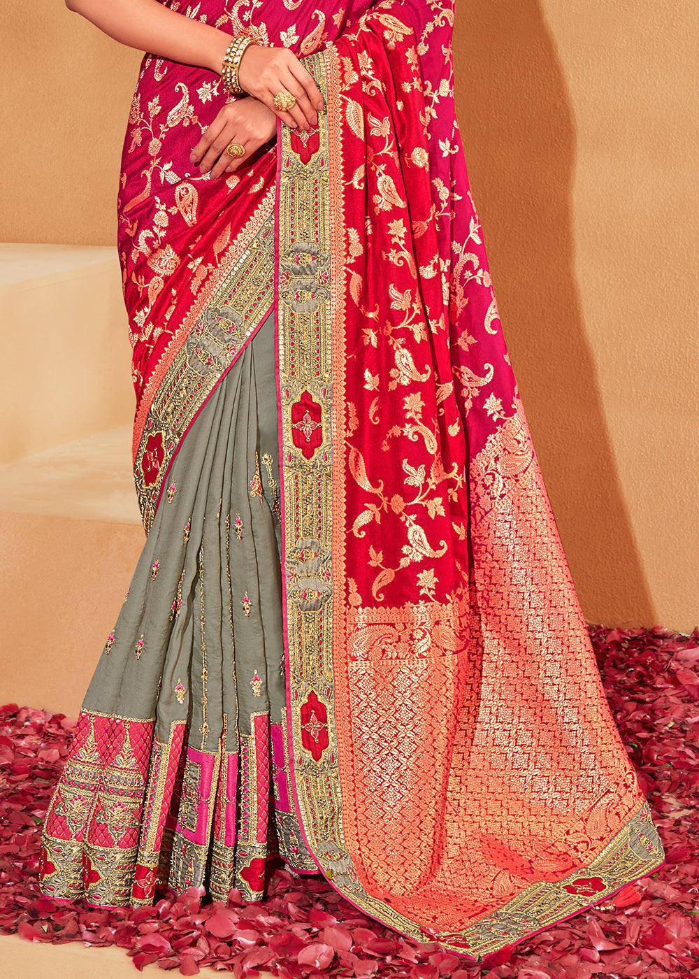 Grey & Pink Half N Half Heavy Embroidered Banarasi Silk Saree | Stitched Blouse - qivii