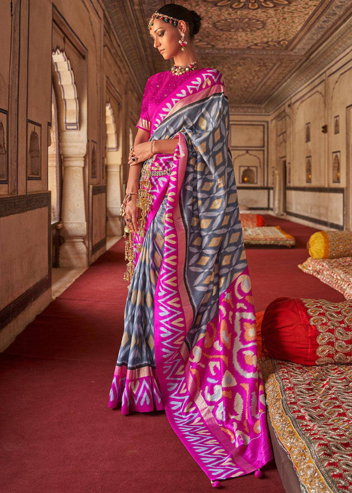 Grey & Pink Printed Patola Dola Silk Saree with Zari Border | Stitched Blouse - qivii