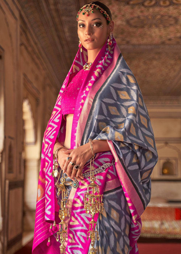 Grey & Pink Printed Patola Dola Silk Saree with Zari Border | Stitched Blouse - qivii