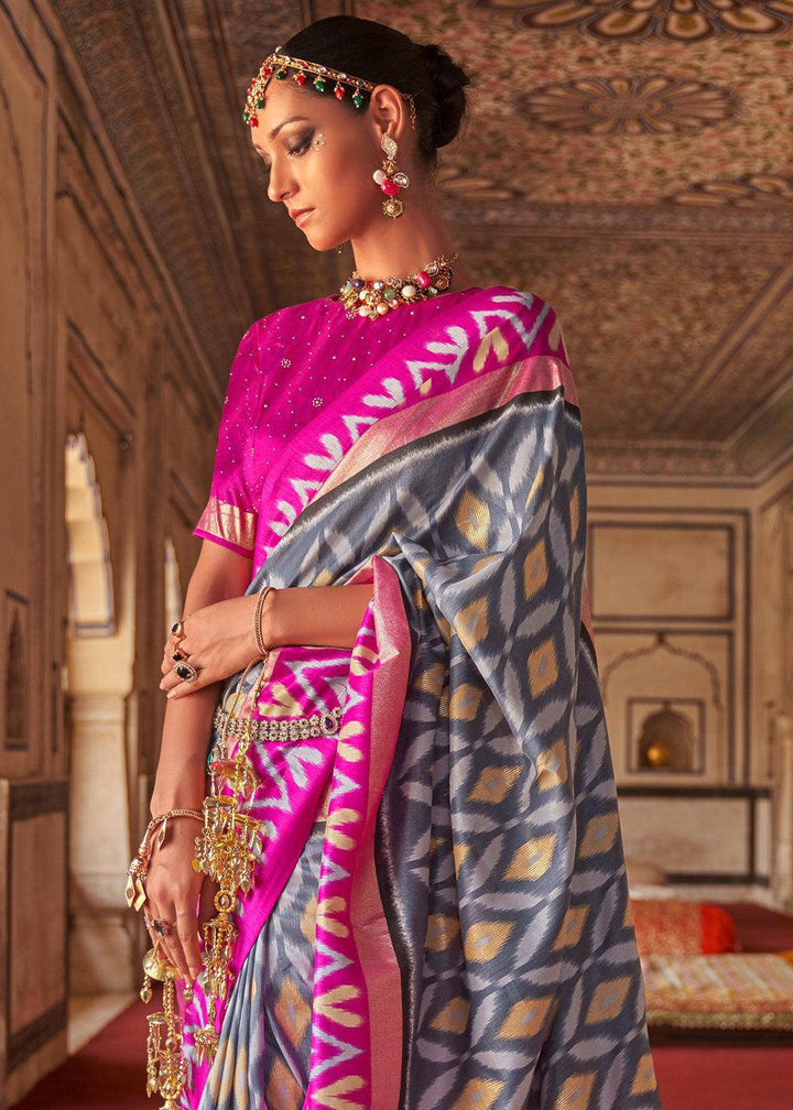 Grey & Pink Printed Patola Dola Silk Saree with Zari Border | Stitched Blouse - qivii