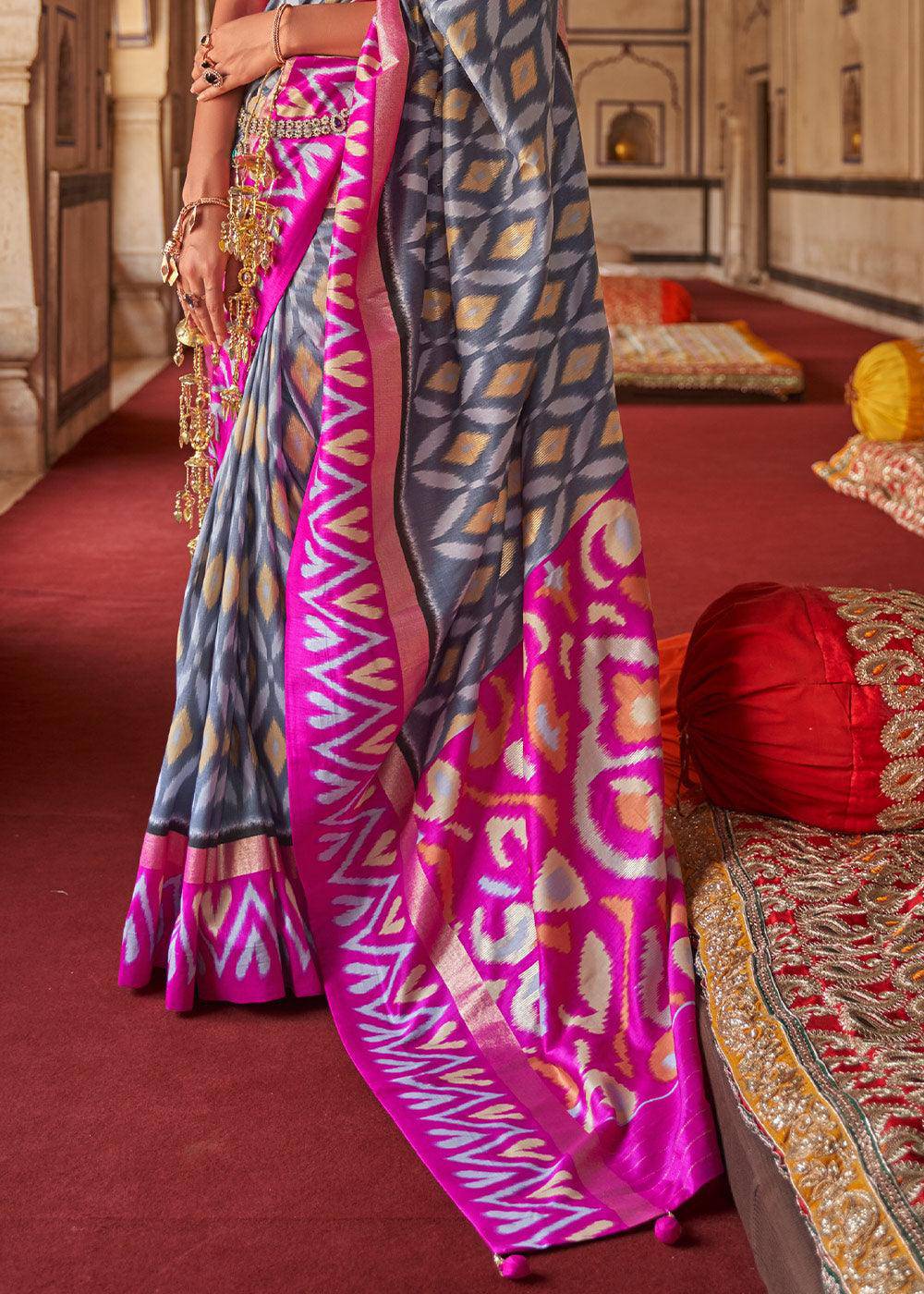 Grey & Pink Printed Patola Dola Silk Saree with Zari Border | Stitched Blouse - qivii