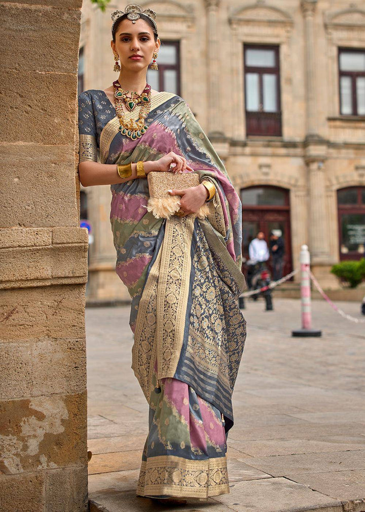 Grey & Pink Viscose Silk Saree with Aqua Finish work | Stitched Blouse - qivii