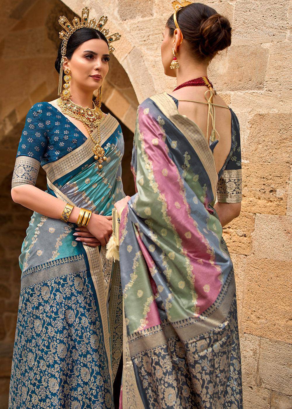 Grey & Pink Viscose Silk Saree with Aqua Finish work | Stitched Blouse - qivii