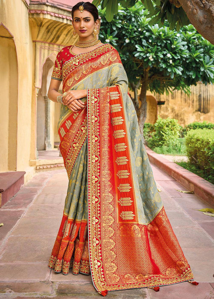 Grey & Red Dola Silk Saree with Beautiful Embroidery work: Wedding Edition | Stitched Blouse - qivii