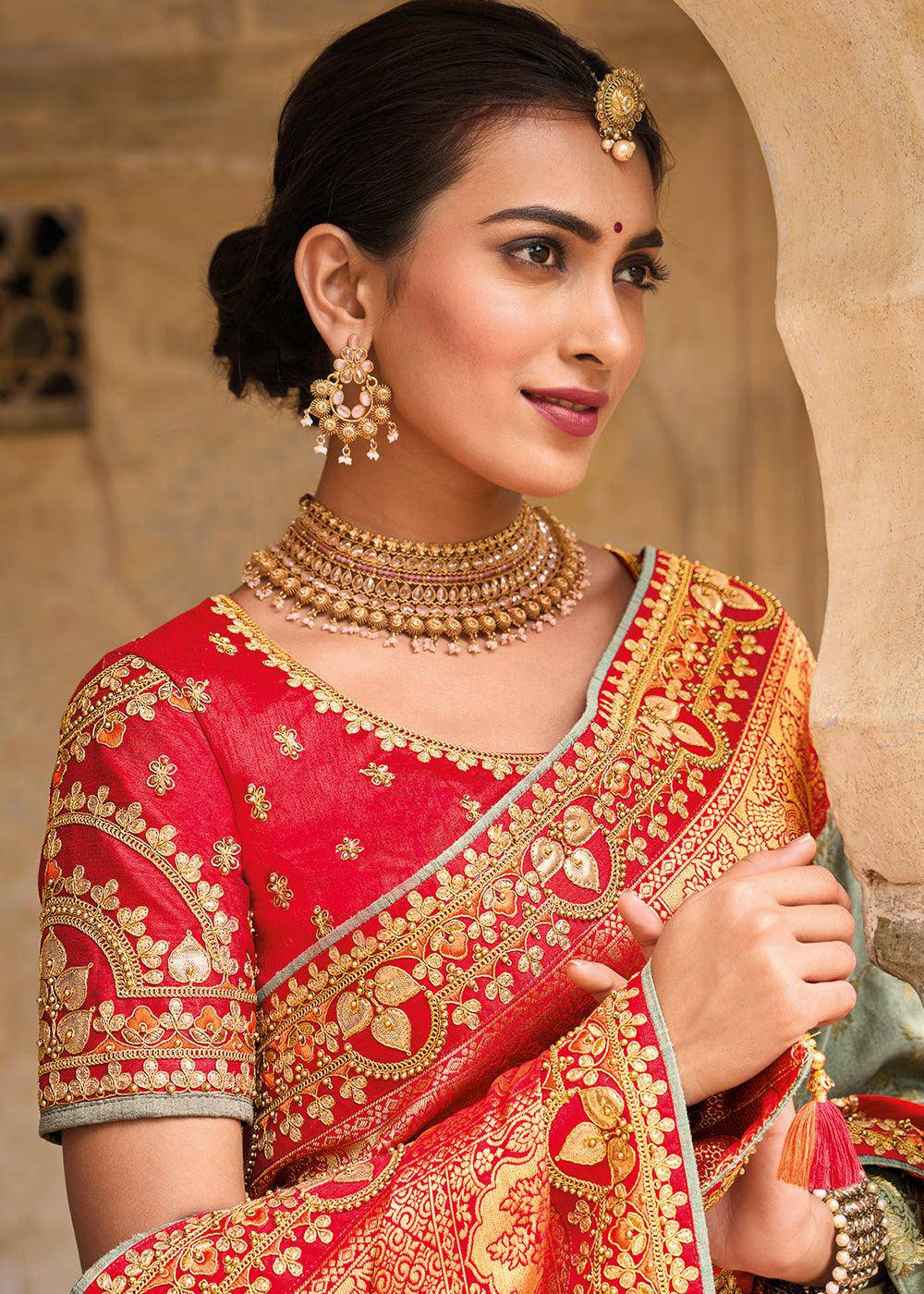 Grey & Red Dola Silk Saree with Beautiful Embroidery work: Wedding Edition | Stitched Blouse - qivii