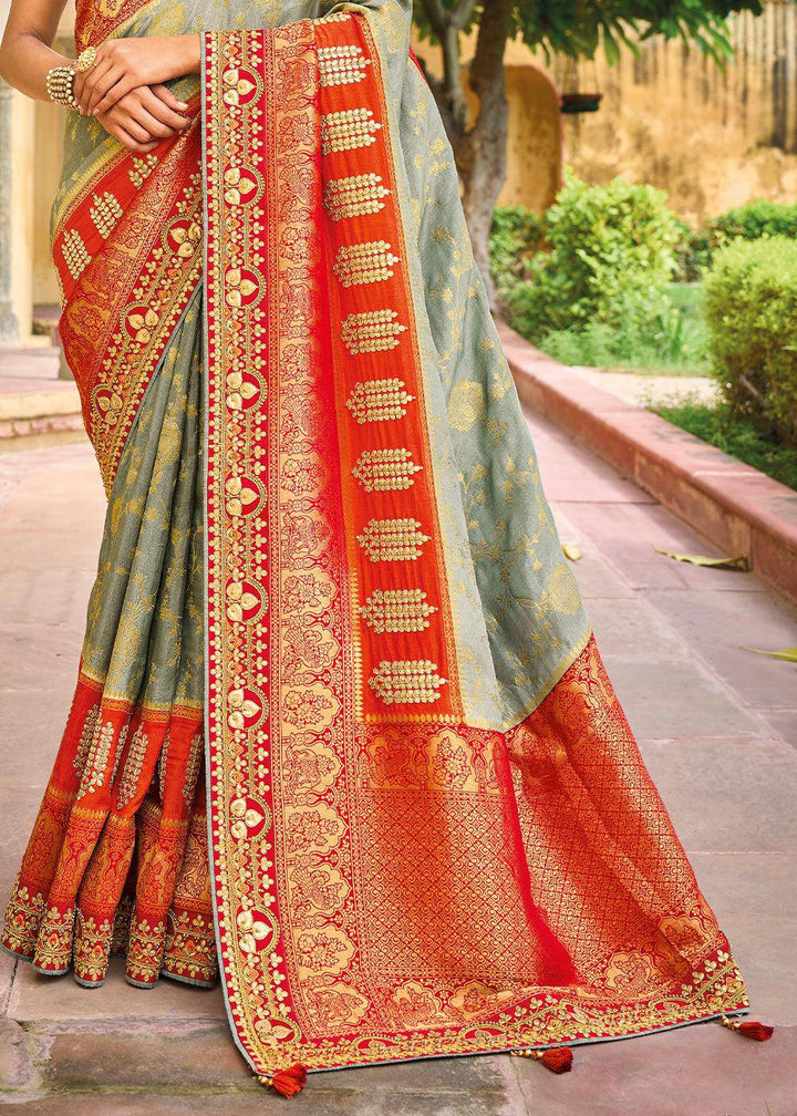 Grey & Red Dola Silk Saree with Beautiful Embroidery work: Wedding Edition | Stitched Blouse - qivii