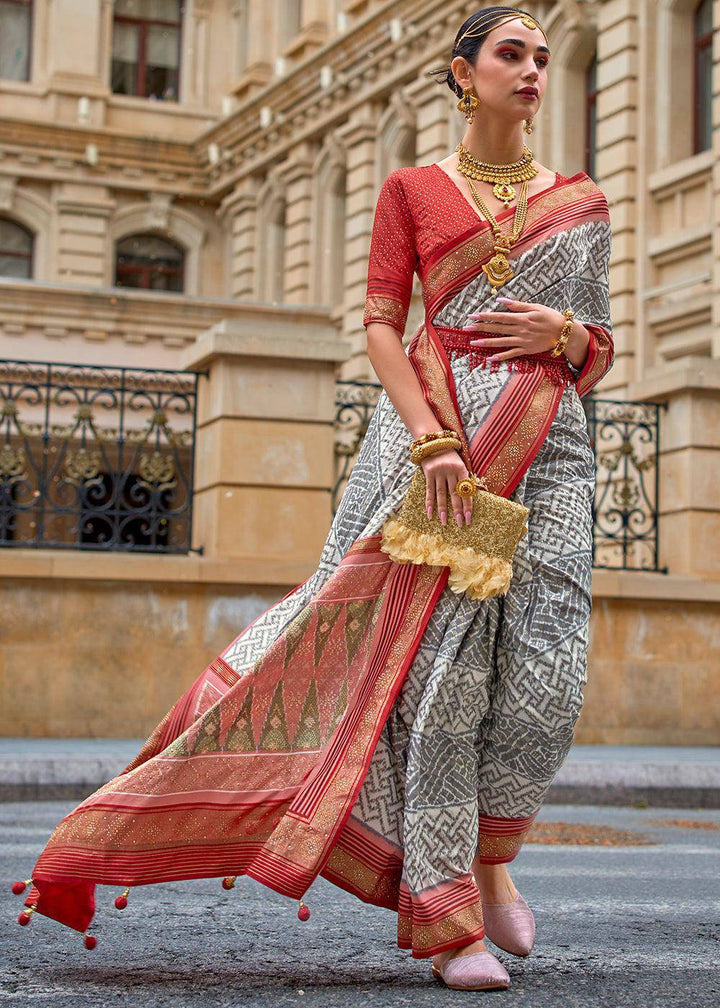 Grey & Red Patola Printed Viscose Silk Saree | Stitched Blouse - qivii