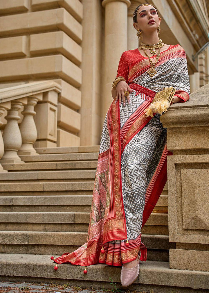 Grey & Red Patola Printed Viscose Silk Saree | Stitched Blouse - qivii