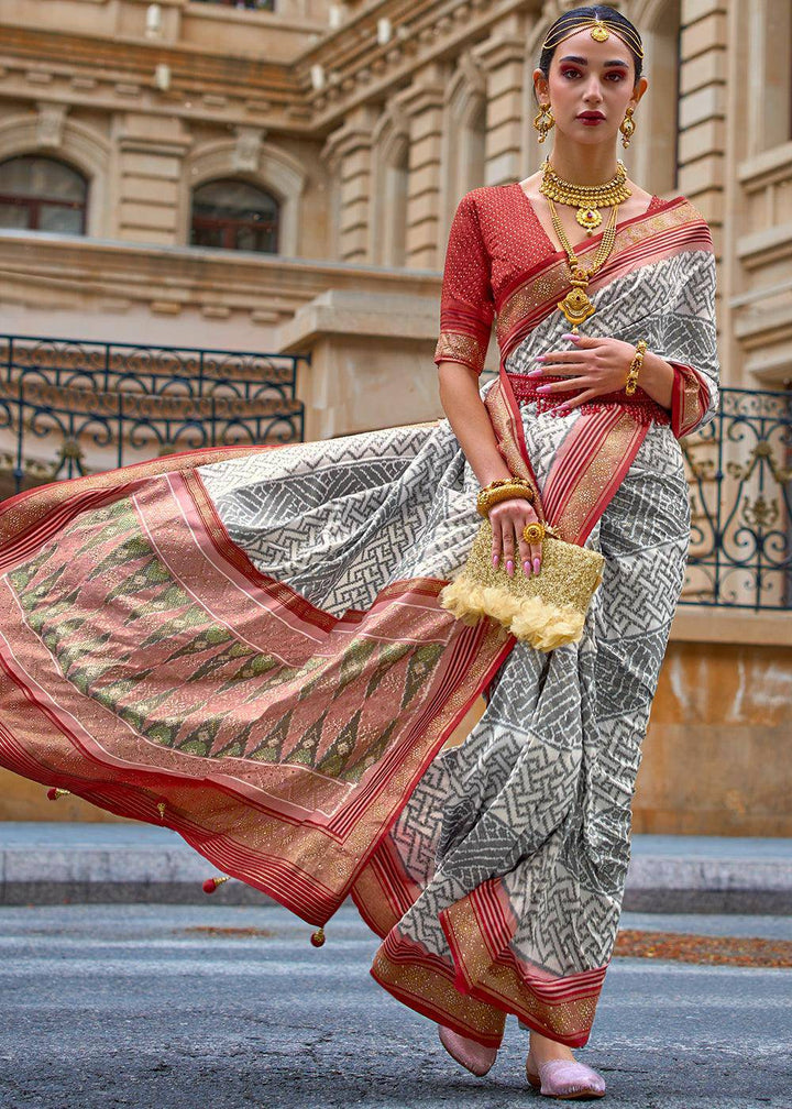 Grey & Red Patola Printed Viscose Silk Saree | Stitched Blouse - qivii