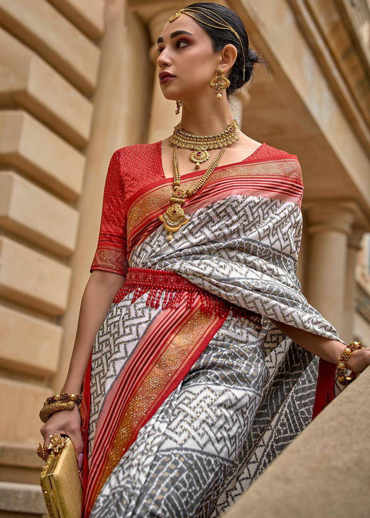 Grey & Red Patola Printed Viscose Silk Saree | Stitched Blouse - qivii