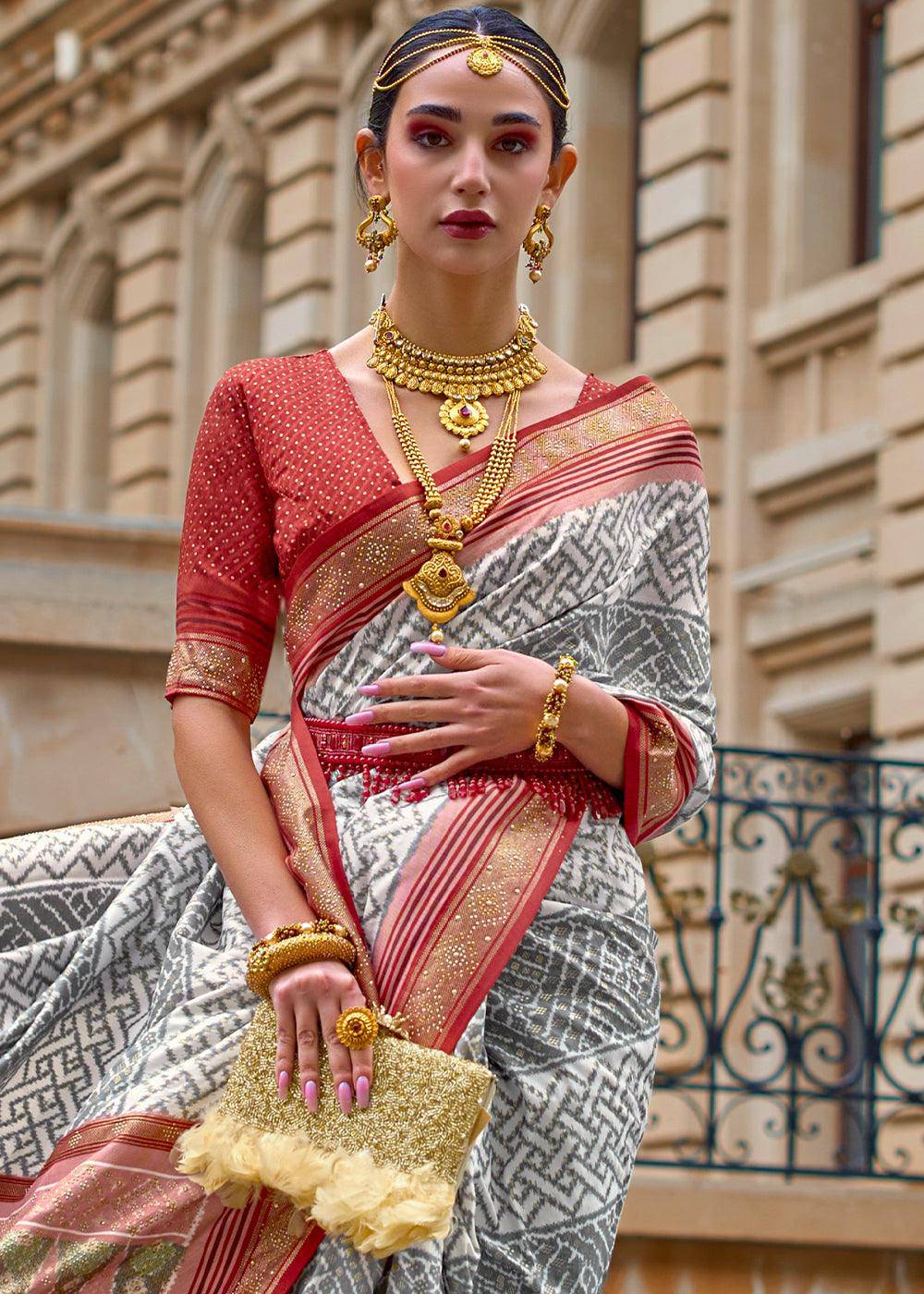 Grey & Red Patola Printed Viscose Silk Saree | Stitched Blouse - qivii