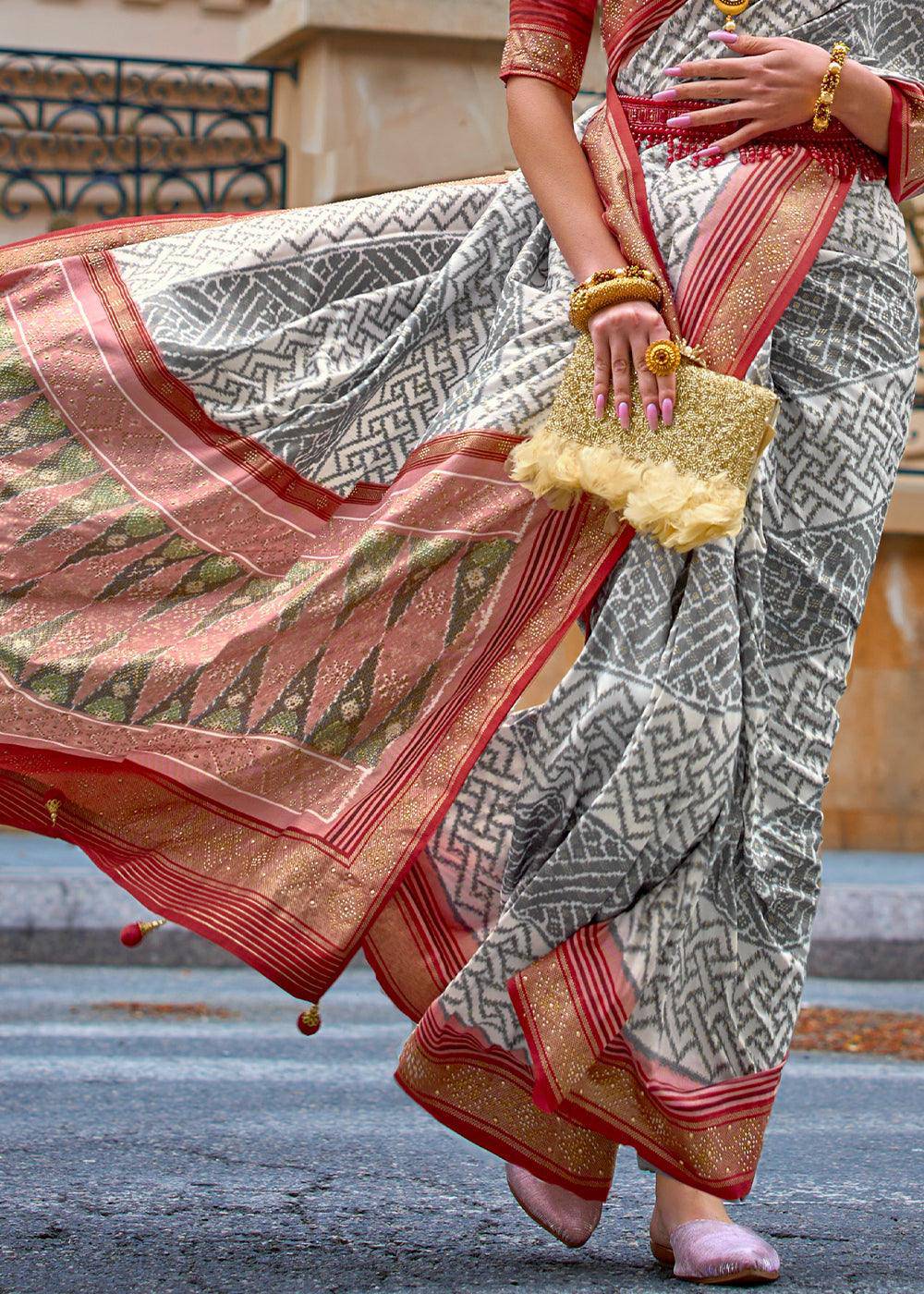 Grey & Red Patola Printed Viscose Silk Saree | Stitched Blouse - qivii