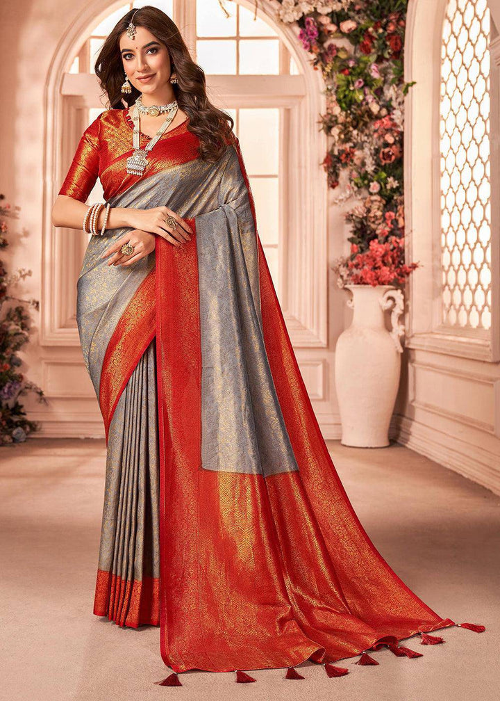 Grey & Red Zari Woven Designer Silk Saree | Stitched Blouse - qivii