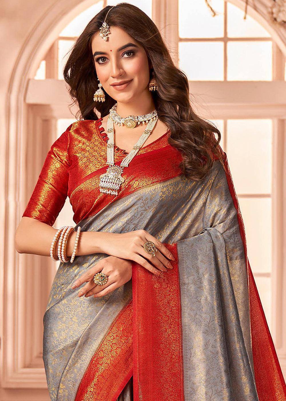 Grey & Red Zari Woven Designer Silk Saree | Stitched Blouse - qivii