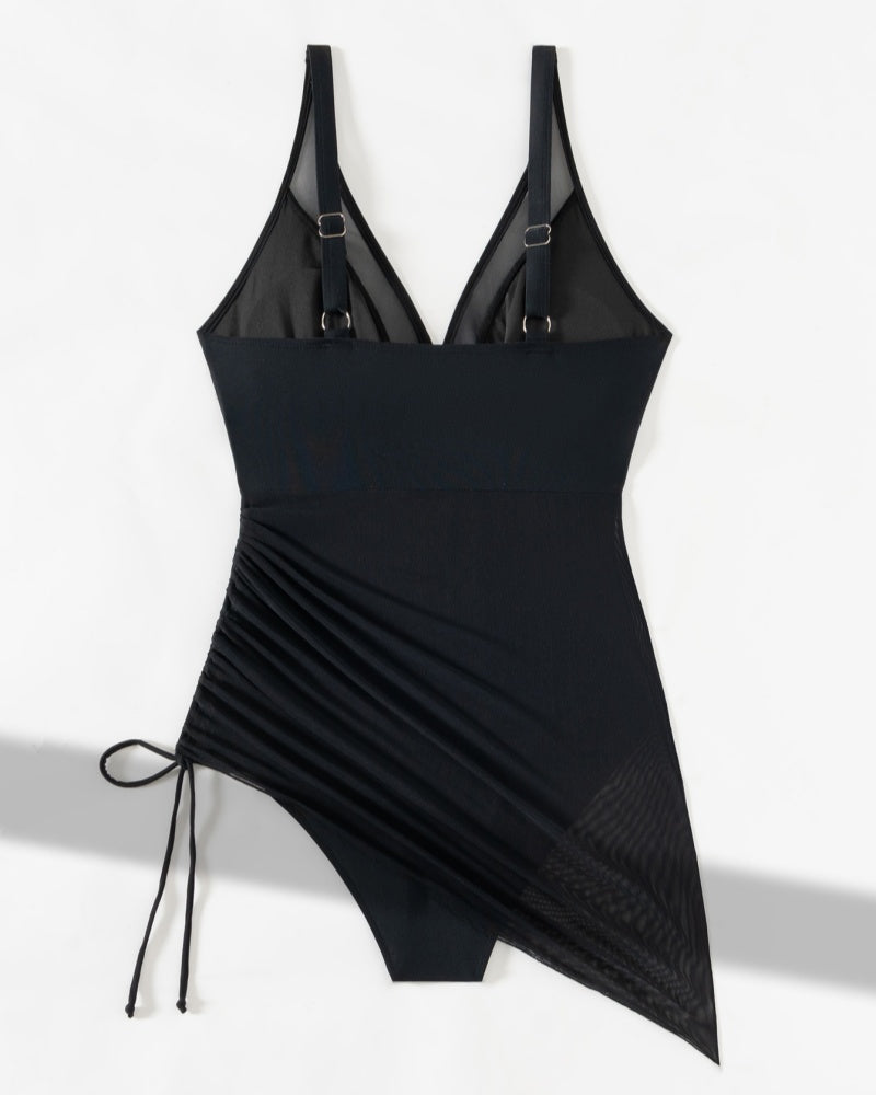 Deep V Mesh Drawstring Slim Sexy Backless Shapewear Swimsuit  - By Qivii