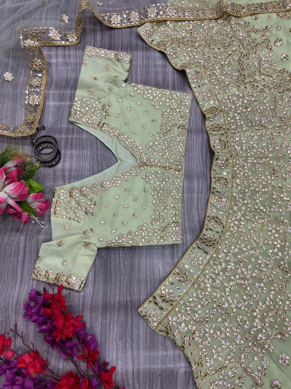 Designer Pista Green Georgette Lehenga With Thread Embroidery Work With Heavy Foil Work | Ready To Wear - qivii
