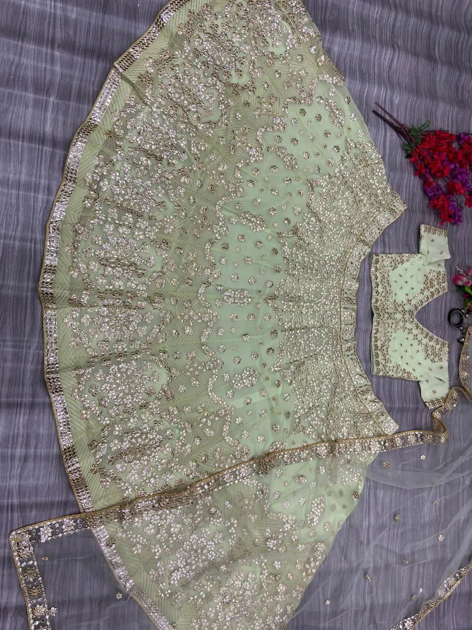 Designer Pista Green Georgette Lehenga With Thread Embroidery Work With Heavy Foil Work | Ready To Wear - qivii