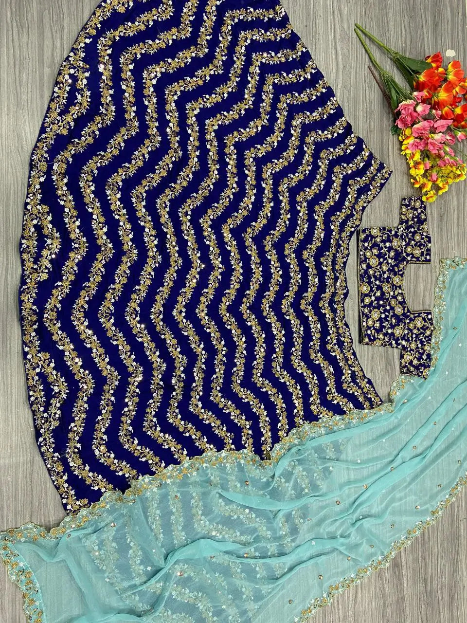 Navy Blue Chinnon Silk Lehenga With Coding Sequins And Embroidery Work | Ready To Wear - qivii