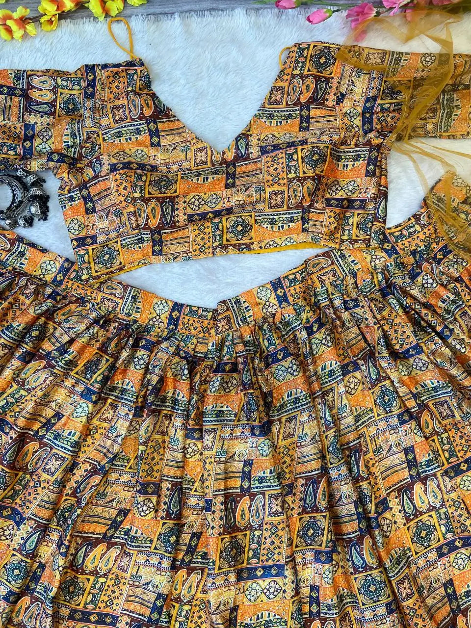 Yellow Chinon Silk Lehenga With Beautiful Digital Print  With Plain Dupatta | Ready To Wear - qivii