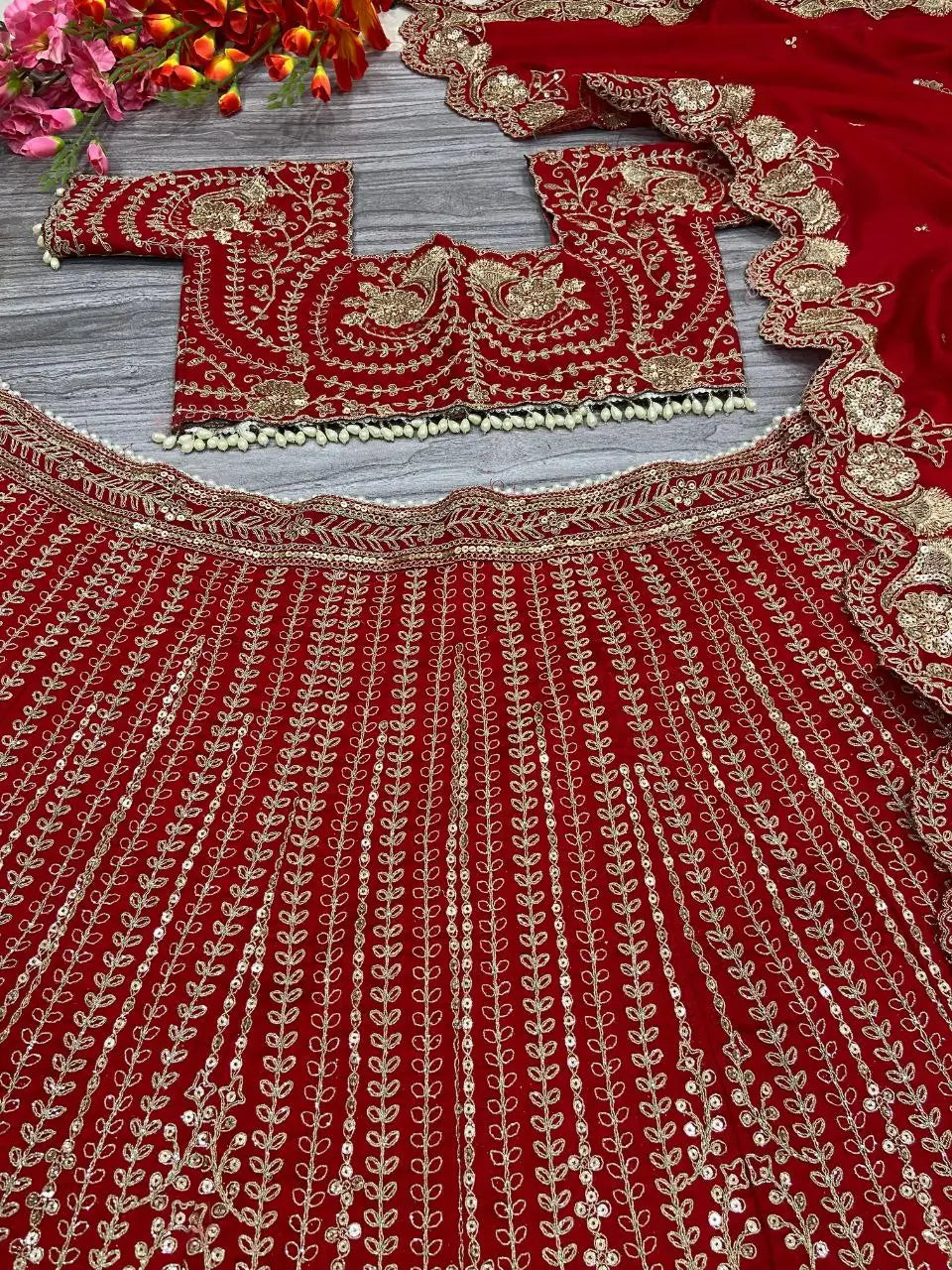 Dark Red Silk Lehenga With Thread Embroidery Coding And Heavy Sequins Work