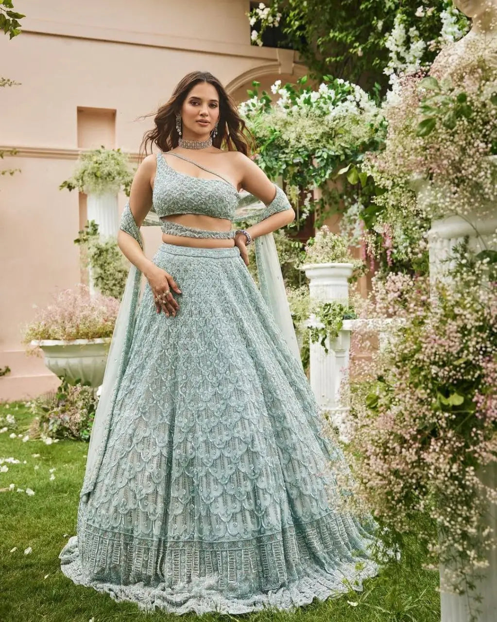 Greyish Teal Blue Net Lehenga With Heavy Embroidery Sequins Work Coding Work