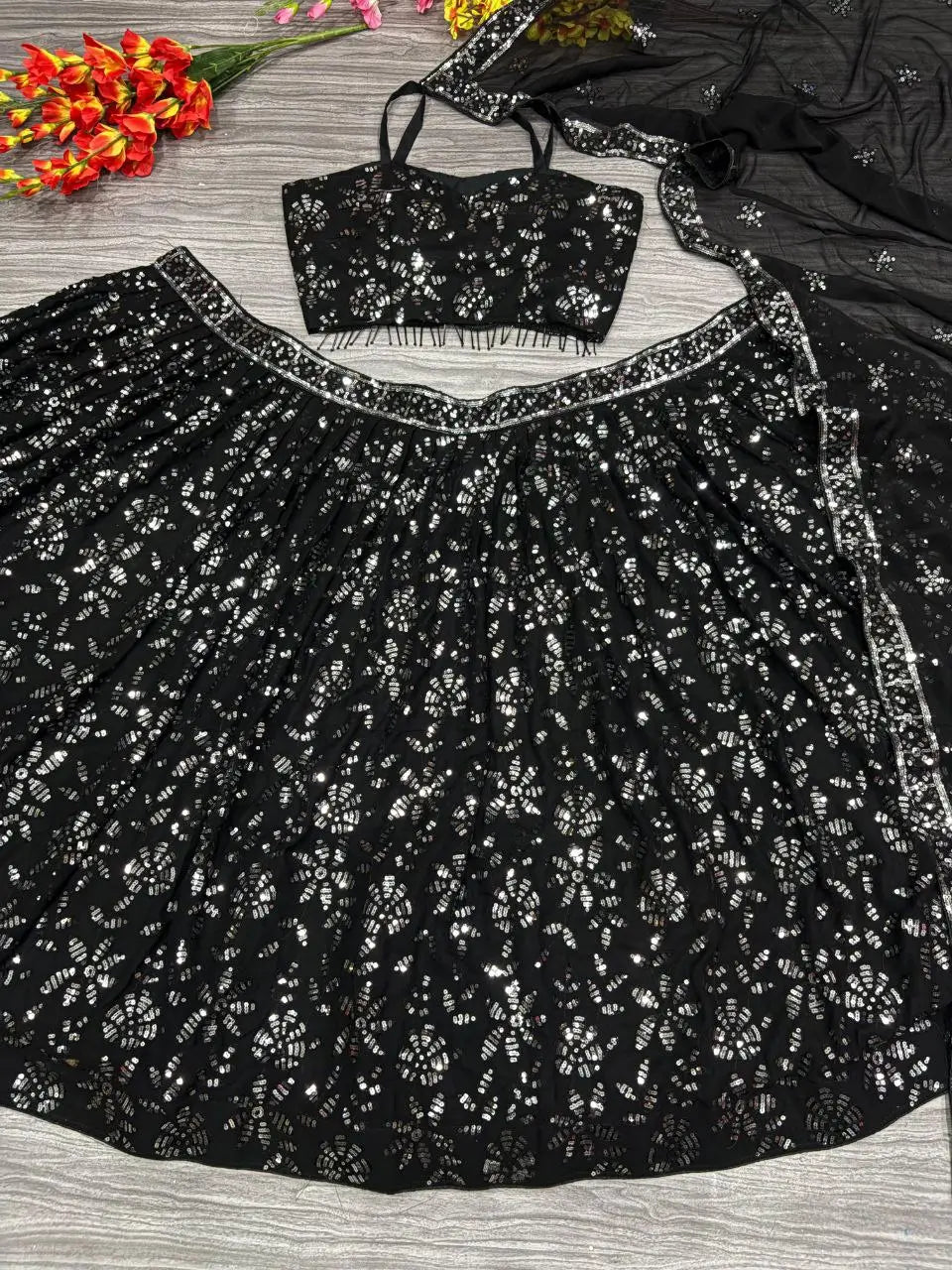 Black Georgette lehenga Embellished With Embroidery And Heavy Sequins Work | Ready To Wear - qivii