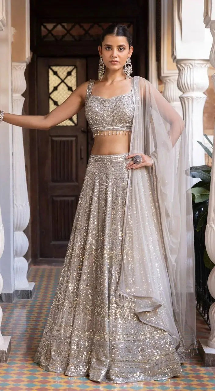 Silver Silk Lehenga With Beautiful Embroidery Zari And Heavy Sequins Work | Ready To Wear - qivii