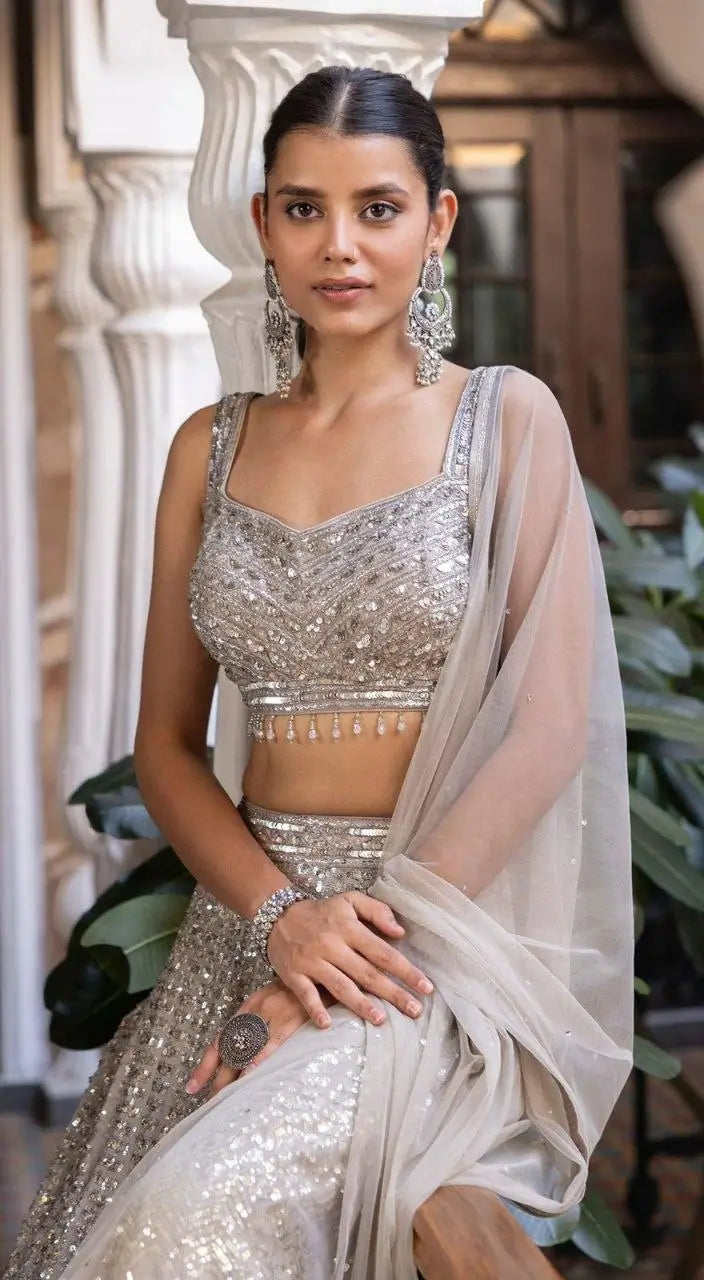 Silver Silk Lehenga With Beautiful Embroidery Zari And Heavy Sequins Work | Ready To Wear - qivii