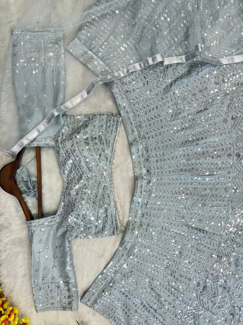 Silver Silk Lehenga With Beautiful Embroidery Zari And Heavy Sequins Work | Ready To Wear - qivii